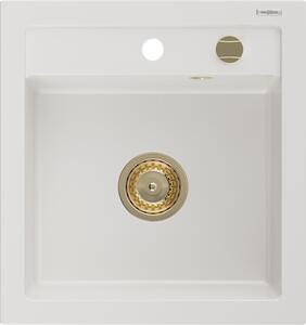 Mexen Vito 1-miskový granitový dřez 520 x 490 mm, Bílá, sifon Zlatá