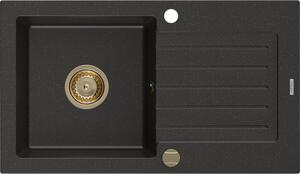 Mexen Pablo 1-miskový granitový dřez s odkapávačem 752 x 436 mm, Černá/Zlatá kovová, sifon Zlatá