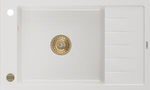 Mexen Elias 1-miskový granitový dřez s odkapávačem 795 x 480 mm, Bílá, sifon Zlatá