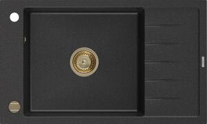 Mexen Elias 1-miskový granitový dřez s odkapávačem 795 x 480 mm, Černá/Stříbrná kovová, sifon Zlatá