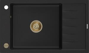 Mexen Elias 1-miskový granitový dřez s odkapávačem 795 x 480 mm, Černá, sifon Zlatá