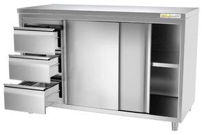 Nízká skříňka z nerezové oceli, rozměry 1600 x 600 mm, se 3 zásuvkami na levé straně, PREMIUM - GOLDINOX