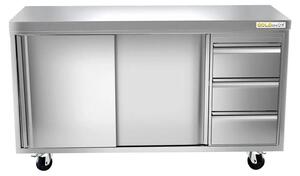 Nízká nerezová skříňka rozměrů 2000 x 700 mm se 3 zásuvkami na pravé straně, s kolečky, řada PREMIUM - GOLDINOX