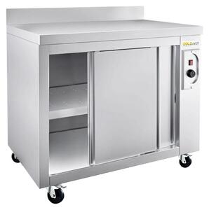 Nízká, nerezová, vyhřívaná skříňka rozměrů 1200 x 700 mm, s podvozkem a kolečky, PREMIUM - GOLDINOX