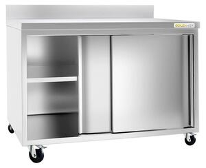 Nízká nerezová skříňka rozměrů 1400 x 700 mm, bez zadní stěny, s kolečky – PREMIUM – GOLDINOX