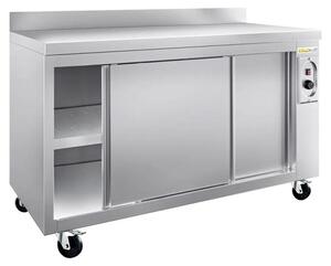 Nízká, nerezová, vyhřívaná skříňka rozměrů 1400 x 700 mm s podvozkem a kolečky – PREMIUM – GOLDINOX