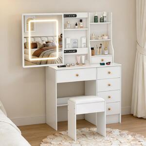 Kosmetický stolek bílé barvy - Moderní design - 6 zásuvek - Materiál: MDF - Součástí je taburet