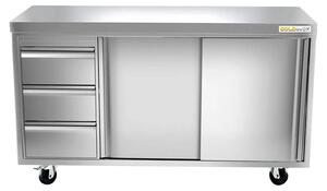 Nízká nerezová skříňka rozměrů 1400 x 600 mm se 3 zásuvkami vlevo, s kolečky, řada PREMIUM - GOLDINOX