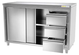Nízká skříňka z nerezové oceli, rozměry 1800 x 600 mm, s 3 zásuvkami na pravé straně, PREMIUM - GOLDINOX