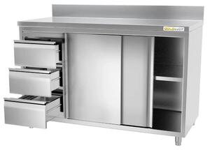 Nízká nerezová skříňka 1400 x 600 mm, bez zadní stěny, se třemi zásuvkami vlevo, PREMIUM - GOLDINOX