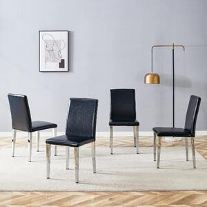 Sada čtyř jídelních židlí, minimalistický design, potažené umělou kůží (PU), kovové nohy, moderní, lehký luxus (černá + stříbrná)