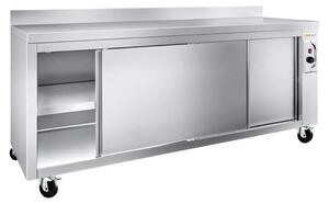 Nízká, nerezová, vyhřívaná skříňka rozměrů 1800 x 600 mm s podvozkem a kolečky – PREMIUM – GOLDINOX