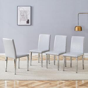 Sada čtyř jídelních židlí, minimalistický design, potah z umělé kůže (PU), kovové nohy (světle šedá, stříbrná)