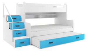 Dětská patrová postel s rozšířeným spodním lůžkem a přistýlkou MAXÍK 3 bílo-modrá- 200x120 cm + matrace ZDARMA
