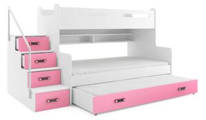 Dětská patrová postel s rozšířeným spodním lůžkem a přistýlkou MAXÍK 3 bílo-růžová- 200x120 cm + matrace ZDARMA