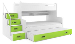 Dětská patrová postel s rozšířeným spodním lůžkem a přistýlkou MAXÍK 3 bílo-zelená - 200x120 cm