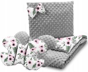 Dětská deka do kočárku s polštářkem a motýlkem - PREMIUM set 3v1 - Makové květy s šedou minky