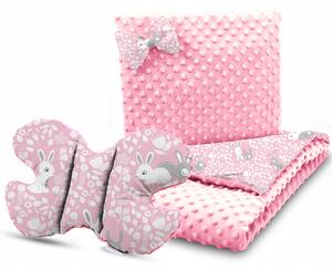 Dětská deka do kočárku s polštářkem a motýlkem - PREMIUM set 3v1 - Růžoví králíčci s růžovou minky