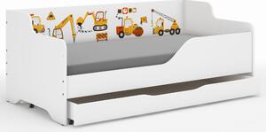 Dětská postel LOLA - STAVEBNÍ STROJE 160x80 cm - grafika na bočnici