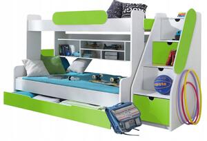 Dětská patrová postel s rozšířeným spodním lůžkem a šuplíkem SEGAN bílo-zelená - 200x90/120 cm