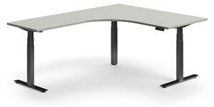 AJ Produkty Výškově nastavitelný stůl QBUS, rohový, 1600x2000 mm, černá podnož, světle šedá
