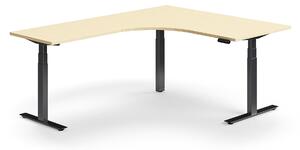 AJ Produkty Výškově nastavitelný stůl QBUS, rohový, 1600x2000 mm, černá podnož, bříza
