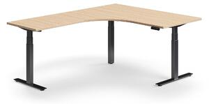 AJ Produkty Výškově nastavitelný stůl QBUS, rohový, 1600x2000 mm, černá podnož, dub