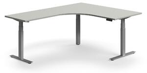 AJ Produkty Výškově nastavitelný stůl QBUS, rohový, 1600x2000 mm, stříbrná podnož, světle šedá