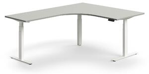 AJ Produkty Výškově nastavitelný stůl QBUS, rohový, 1600x2000 mm, bílá podnož, světle šedá