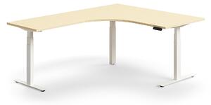 AJ Produkty Výškově nastavitelný stůl QBUS, rohový, 1600x2000 mm, bílá podnož, bříza