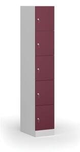 Šatní skříňka s úložnými boxy, 5 boxů, 1850 x 300 x 500 mm, cylindrický zámek, červené dveře