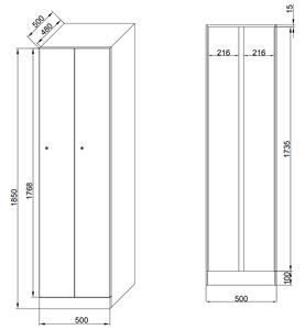 Kovová šatní skříňka zúžená, 2 oddíly, 1850 x 500 x 500 mm, kódový zámek, tmavě šedé dveře