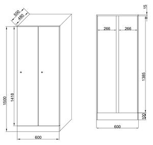 Šatní skříňka snížená, 2 oddíly, 1500 x 600 x 500 mm, cylindrický zámek, červené dveře