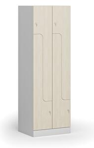 Kovová šatní skříňka Z, 4 oddíly, 1850 x 600 x 500 mm, cylindrický zámek, laminované dveře, bříza