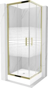 Mexen Rio, čtvercový sprchový kout s posuvnými dveřmi 70 (dveře) x 70 (dveře) x 190 cm, 5mm čiré sklo s pásky, zlatý profil + bílá sprchová vanička RIO, 860-070-070-50-20-4510