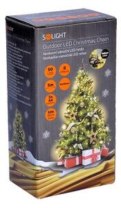 SOLIGHT LED venkovní vánoční řetěz, 50 LED, 5m, 3m přívod, 8 funkcí, IP44, 3x AA, teplá bílá