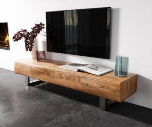 DELIFE TV stolek New Live-Edge 175 cm akácie přírodní 4 dvířka tenká podnož nerezová ocel broušená