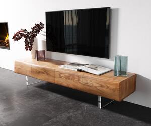 DELIFE TV stolek New Live-Edge 175 cm akácie přírodní 4 dvířka akrylová podnož