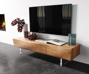 DELIFE TV stolek New Live-Edge 145 cm akácie přírodní 3 dvířka akrylová podnož