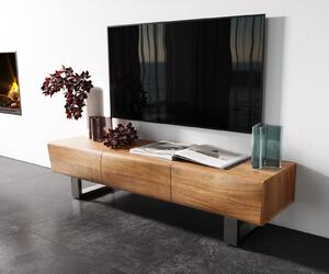 DELIFE TV stolek New Live-Edge 145 cm akácie přírodní 3 dvířka tenká podnož nerezová ocel kartáčovaná