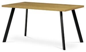Jídelní stůl 140x85x75 cm, deska melamin, 3D dekor divoký dub, kovové nohy, černý mat - HT-740 OAK