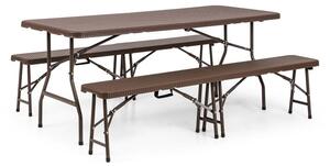 Blumfeldt Burgos, sestava zahradního nábytku, třídílná, stůl + dvě lavice, ocel, HDPE, skládací, hnědá