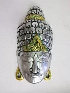 Závěsná dekorace Budha maska stříbrná, 50 cm, exotické dřevo, ruční práce