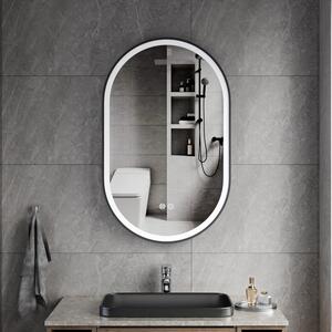 Erga Gwen, oválné LED zrcadlo 50x80cm v černém kovovém rámu, 3 barvy světla, přední osvětlení, vyhřívací podložka proti zapaření, ERG-V01-GWEN-5080-BK