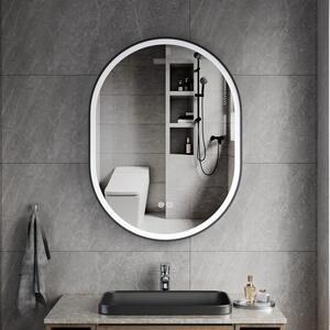 Erga Gwen, oválné LED zrcadlo 60x80cm v černém kovovém rámu, 3 barvy světla, přední osvětlení, vyhřívací podložka proti zapaření, ERG-V01-GWEN-6080-BK