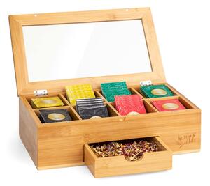 Klarstein Krabička na čaj s extra přihrádkou, 8 vnitřních přihrádek, 120 čajových sáčků, plastové okénko, bambus