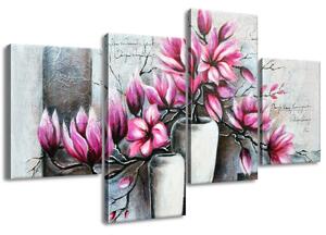 Obraz na plátně Růžové magnolie ve váze - 4 dílný Rozměry: 120 x 45 cm