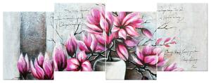 Obraz na plátně Růžové magnolie ve váze - 4 dílný Rozměry: 120 x 45 cm