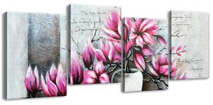 Obraz na plátně Růžové magnolie ve váze - 4 dílný Velikost: 120 x 45 cm