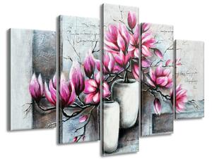 Obraz na plátně Růžové magnolie ve váze - 5 dílný Velikost: 150 x 100 cm